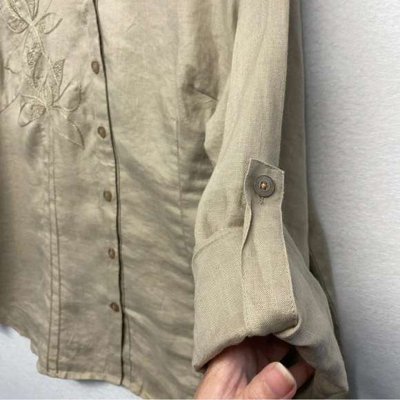 Ecologie Woman Button Down Shirt 2X Tan 100% Linen Embroidered Long Sleeve Top - Picture 5 of 10